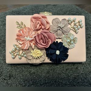 Pink Evening Bag with Floral Appliqués